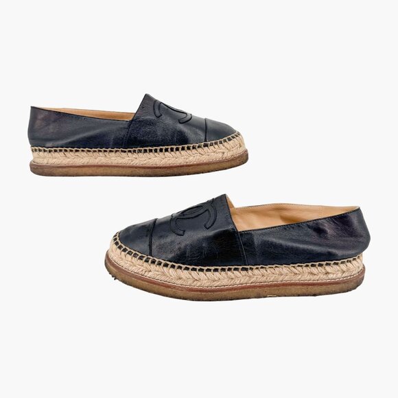 Chanel Black Leather CC Logo Espadrille Flats Size 39 US 8.5 Platform Shoes - Picture 7 of 14